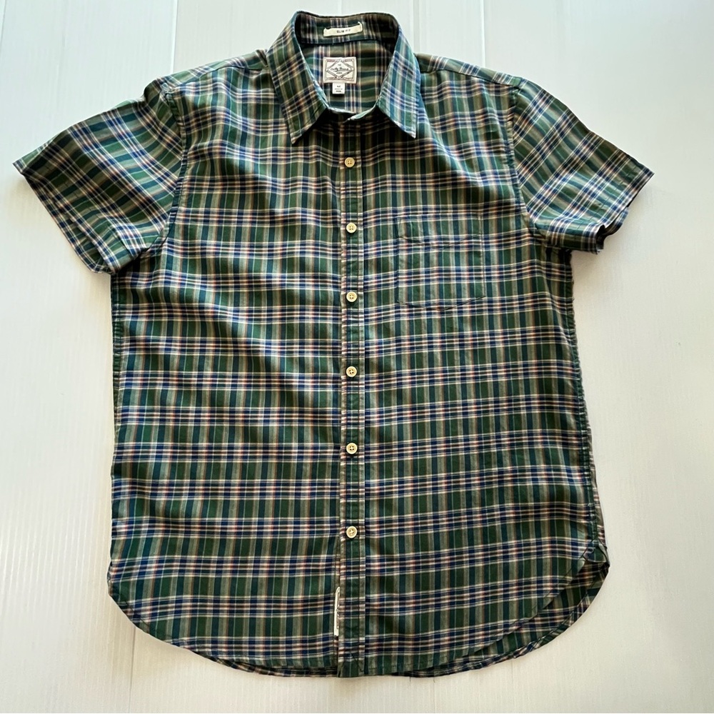 Lucky Brand Slim Fit Button Up Short Sleeve Shirt Blue and Green Plaid Size Med